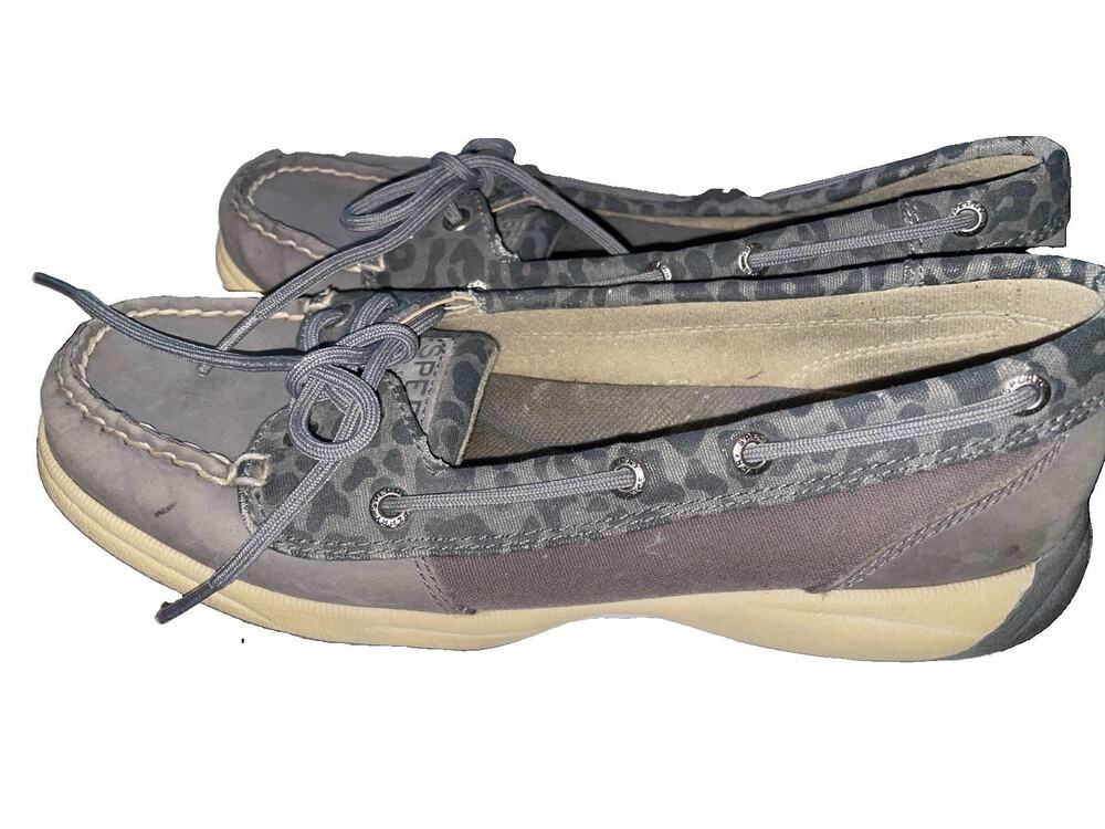 Sperry Top Sider Womens 7M Gray Leopard Print Trim Deck Boat Shoes
